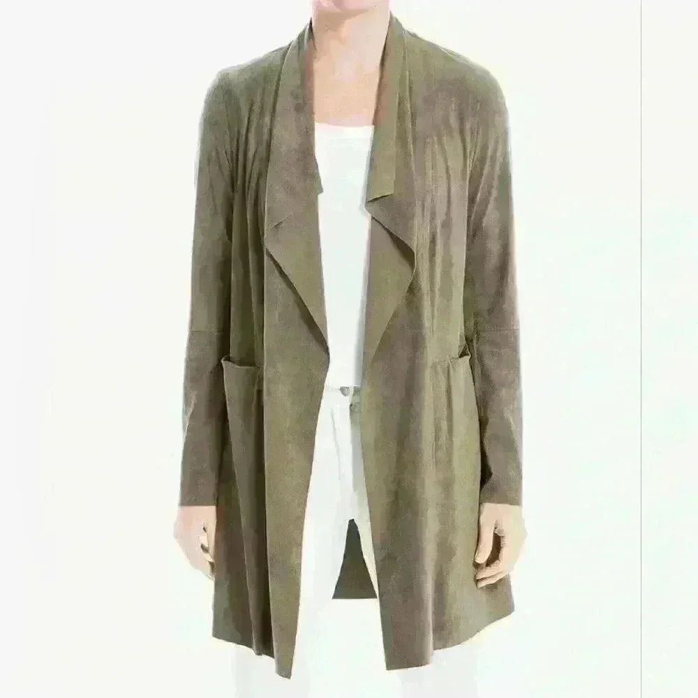 Max Studio Olive Green Faux Suede Coat Size M Faux Leather